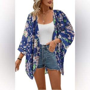 Olrain Beachy Summer Kimono Short Sleeve Sheer Floral Cover Up Size 2X